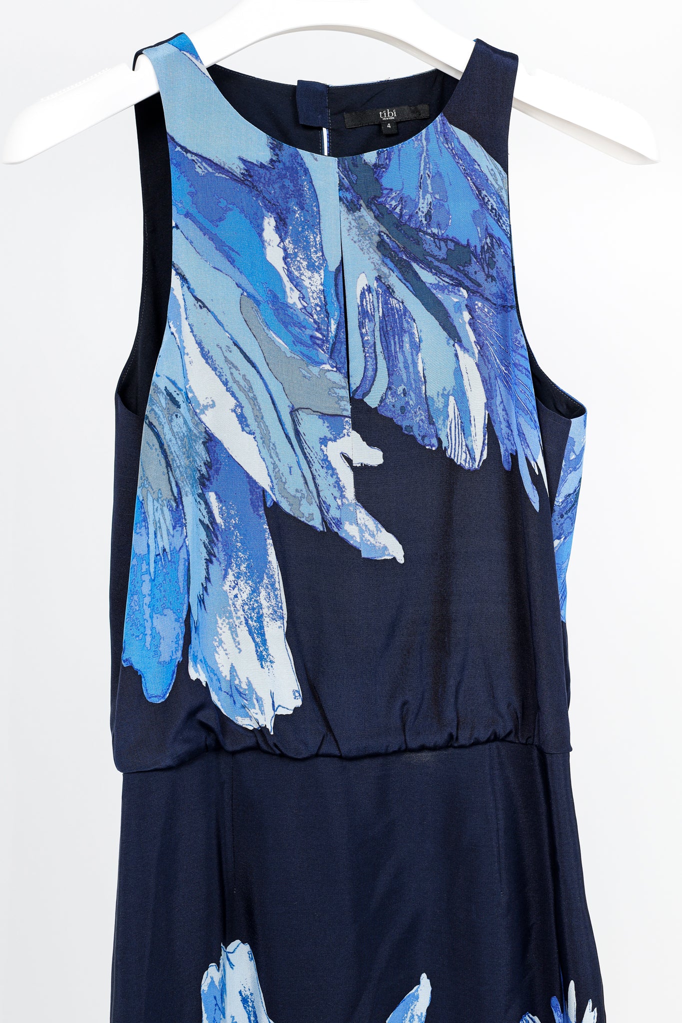 Tibi Navy Printed Silk Satin Keyhole Mini Dress