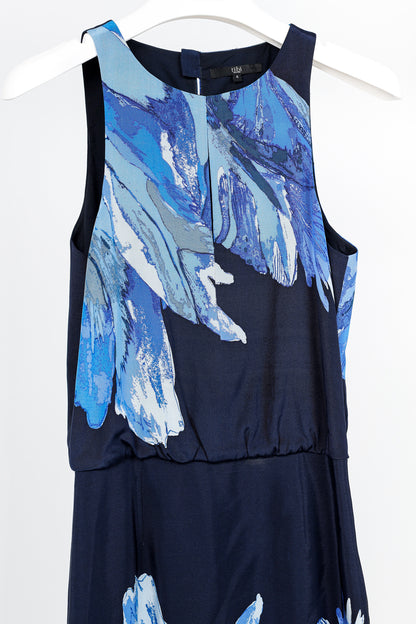 Tibi Navy Printed Silk Satin Keyhole Mini Dress