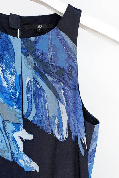 Tibi Navy Printed Silk Satin Keyhole Mini Dress