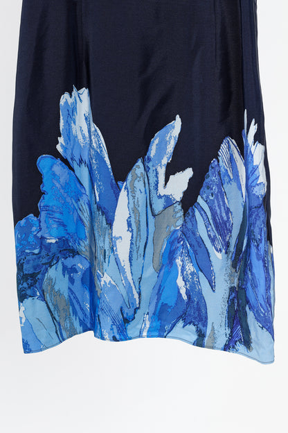 Tibi Navy Printed Silk Satin Keyhole Mini Dress