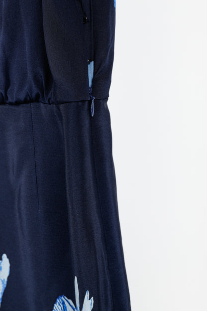Tibi Navy Printed Silk Satin Keyhole Mini Dress