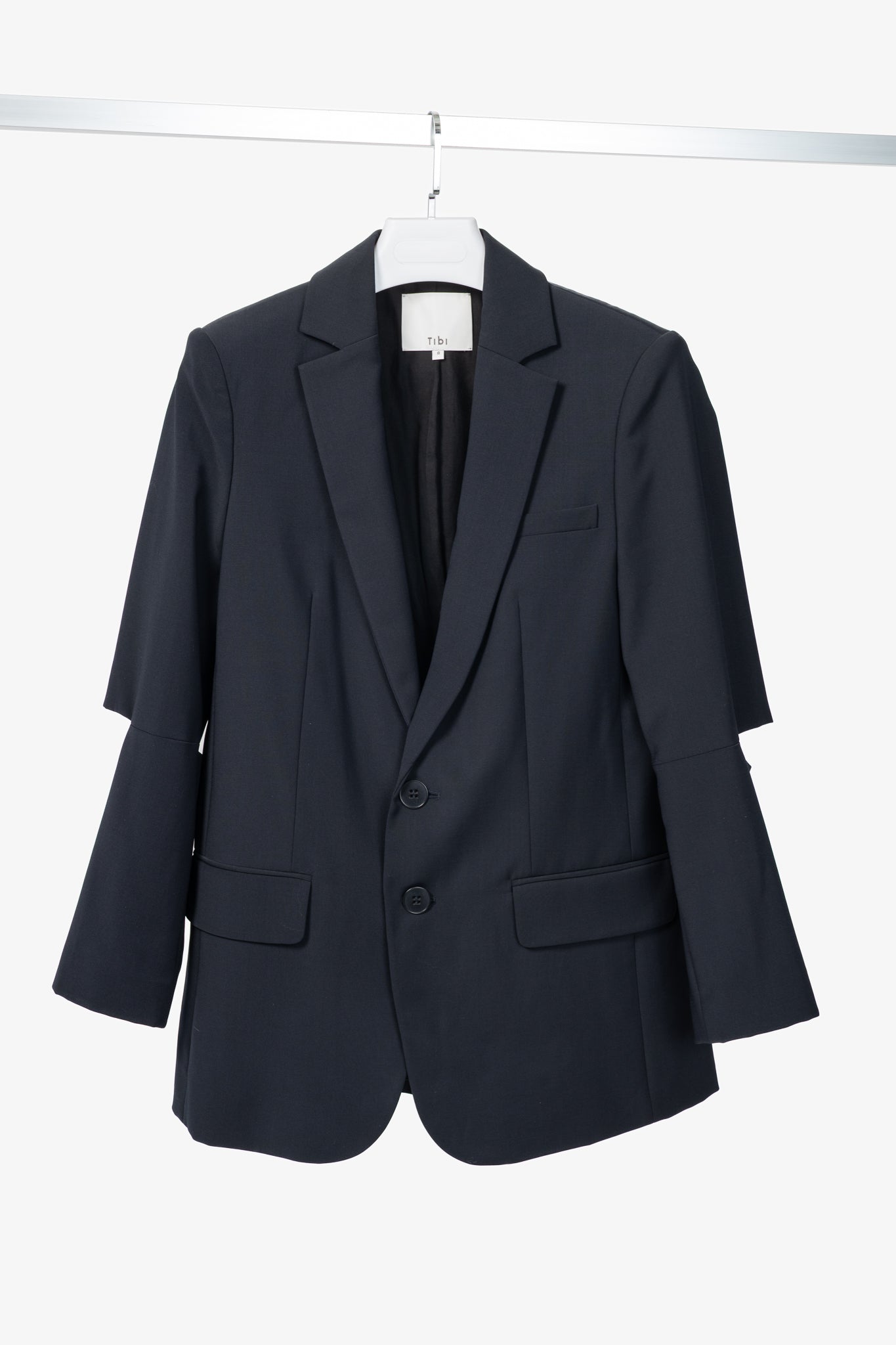 Tibi Marlon Navy Tropical-Wool Cutout-Sleeve Blazer