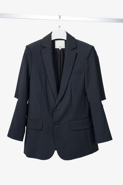 Tibi Marlon Navy Tropical-Wool Cutout-Sleeve Blazer