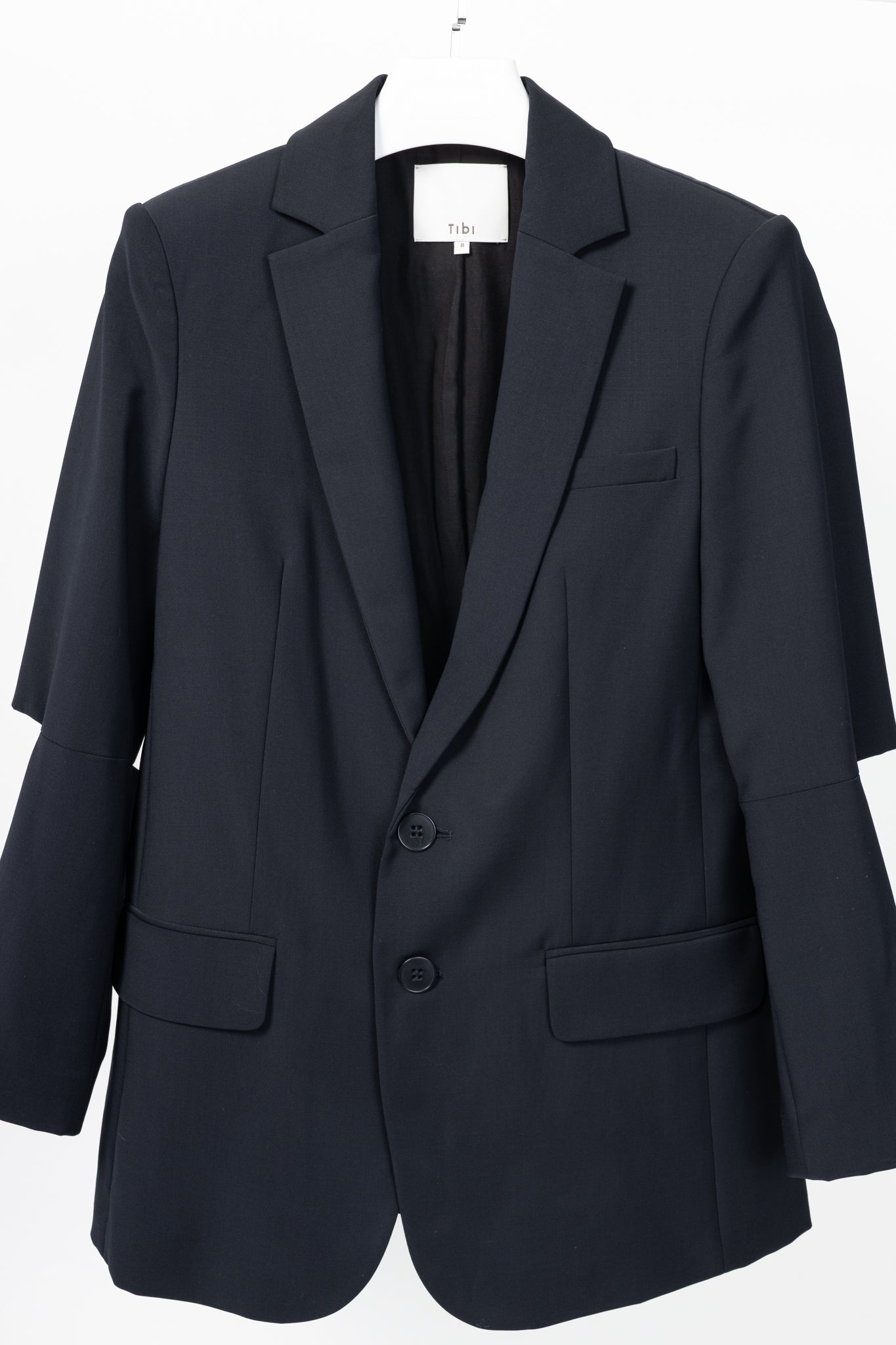 Tibi Marlon Navy Tropical-Wool Cutout-Sleeve Blazer
