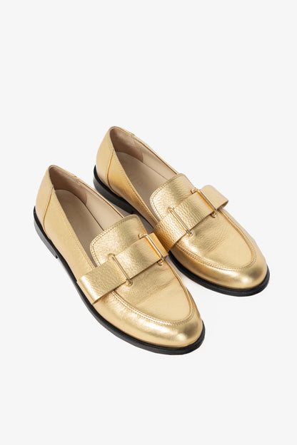 Tibi Morris Metallic Gold Leather Strap Loafers