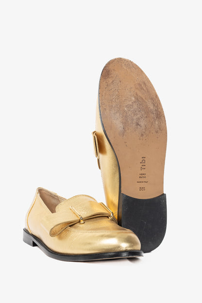 Tibi Morris Metallic Gold Leather Strap Loafers