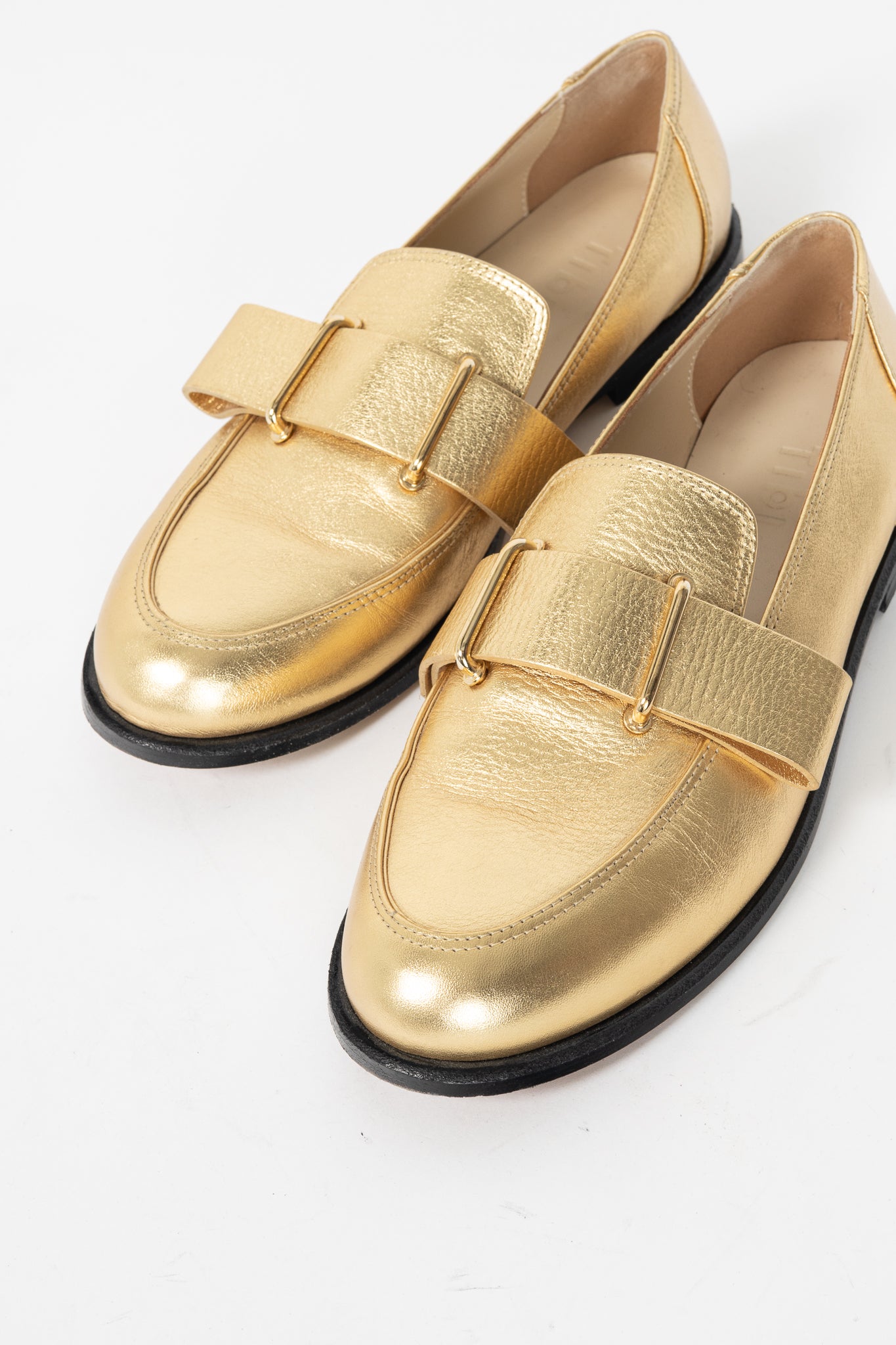 Tibi Morris Metallic Gold Leather Strap Loafers