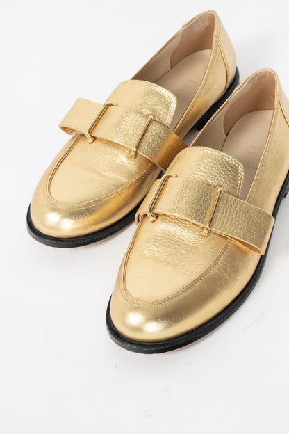 Tibi Morris Metallic Gold Leather Strap Loafers
