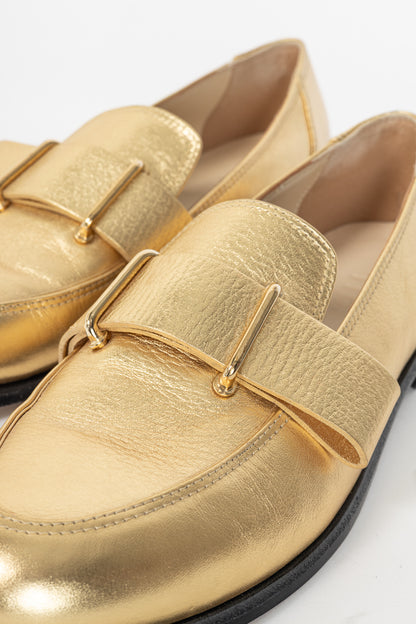 Tibi Morris Metallic Gold Leather Strap Loafers
