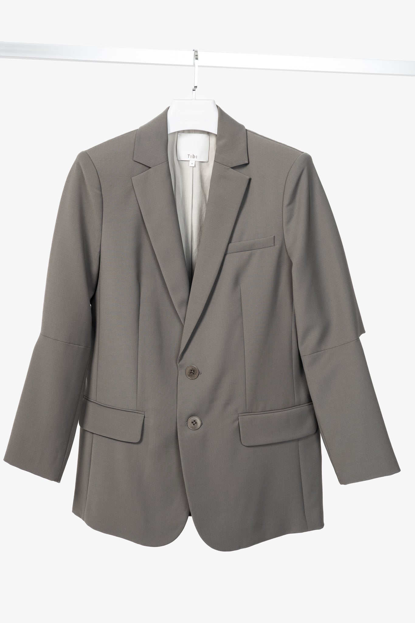 Tibi Marlon Dark Stone Tropical-Wool Cutout-Sleeve Blazer