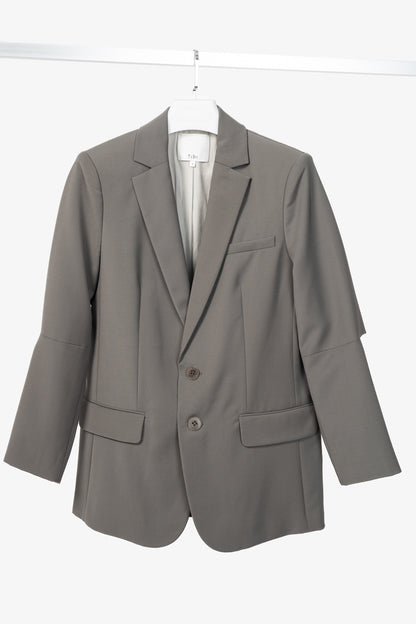 Tibi Marlon Dark Stone Tropical-Wool Cutout-Sleeve Blazer