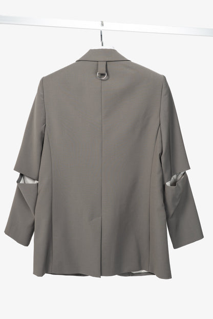 Tibi Marlon Dark Stone Tropical-Wool Cutout-Sleeve Blazer