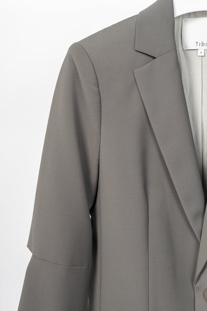 Tibi Marlon Dark Stone Tropical-Wool Cutout-Sleeve Blazer
