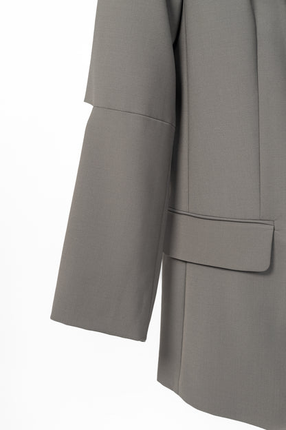 Tibi Marlon Dark Stone Tropical-Wool Cutout-Sleeve Blazer