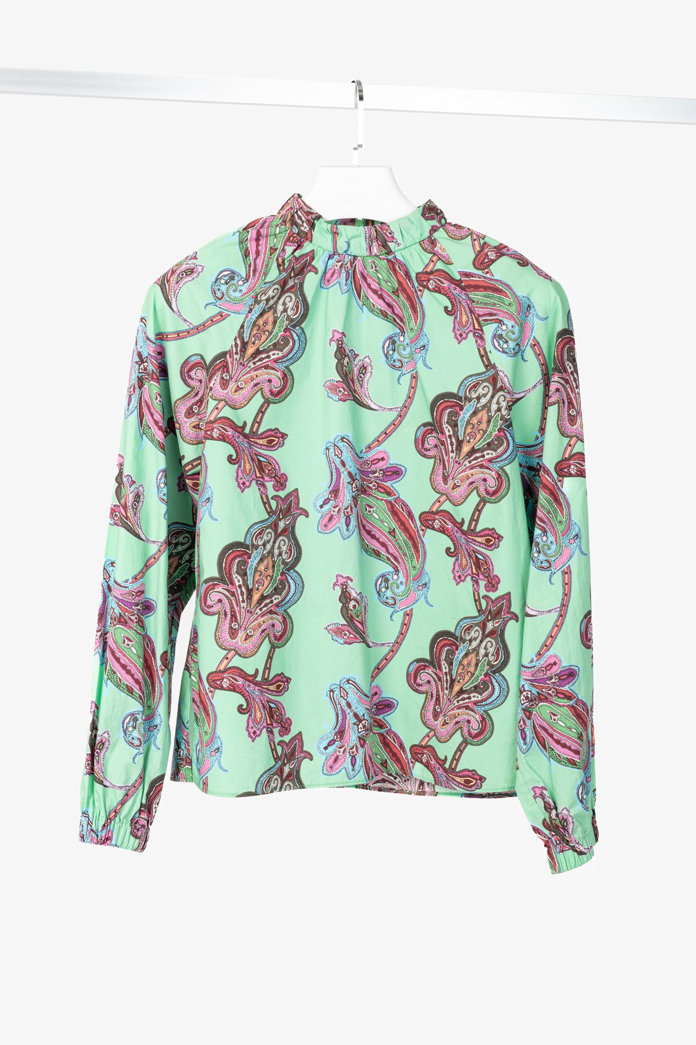 Tibi Mint Multi Paisley Cotton Shirred Neck Top