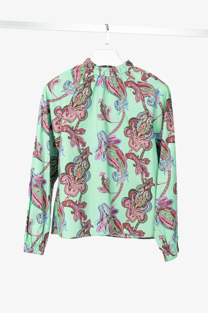 Tibi Mint Multi Paisley Cotton Shirred Neck Top