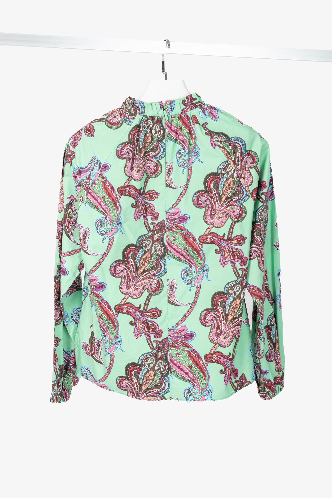 Tibi Mint Multi Paisley Cotton Shirred Neck Top