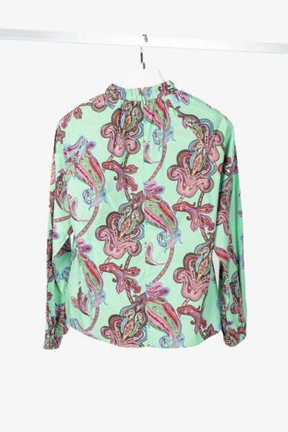 Tibi Mint Multi Paisley Cotton Shirred Neck Top