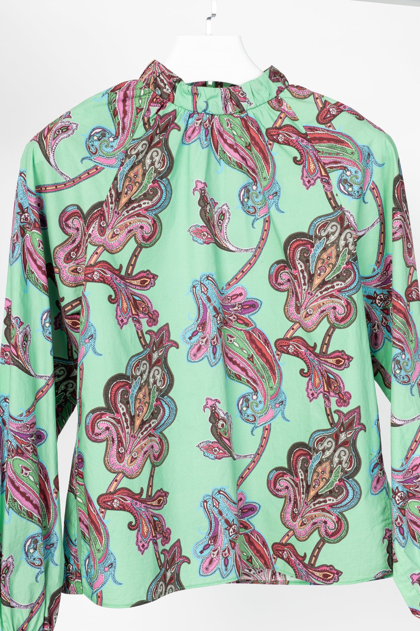 Tibi Mint Multi Paisley Cotton Shirred Neck Top
