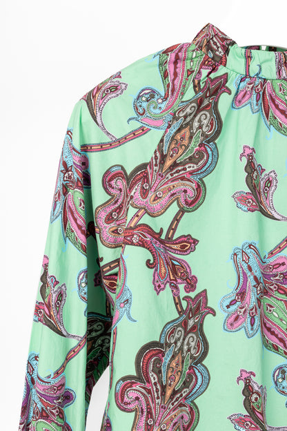 Tibi Mint Multi Paisley Cotton Shirred Neck Top
