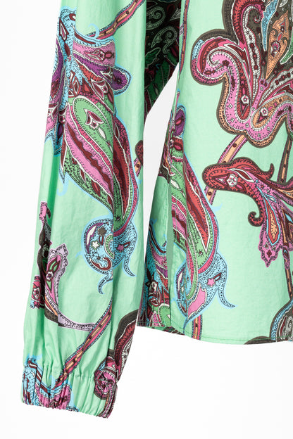 Tibi Mint Multi Paisley Cotton Shirred Neck Top