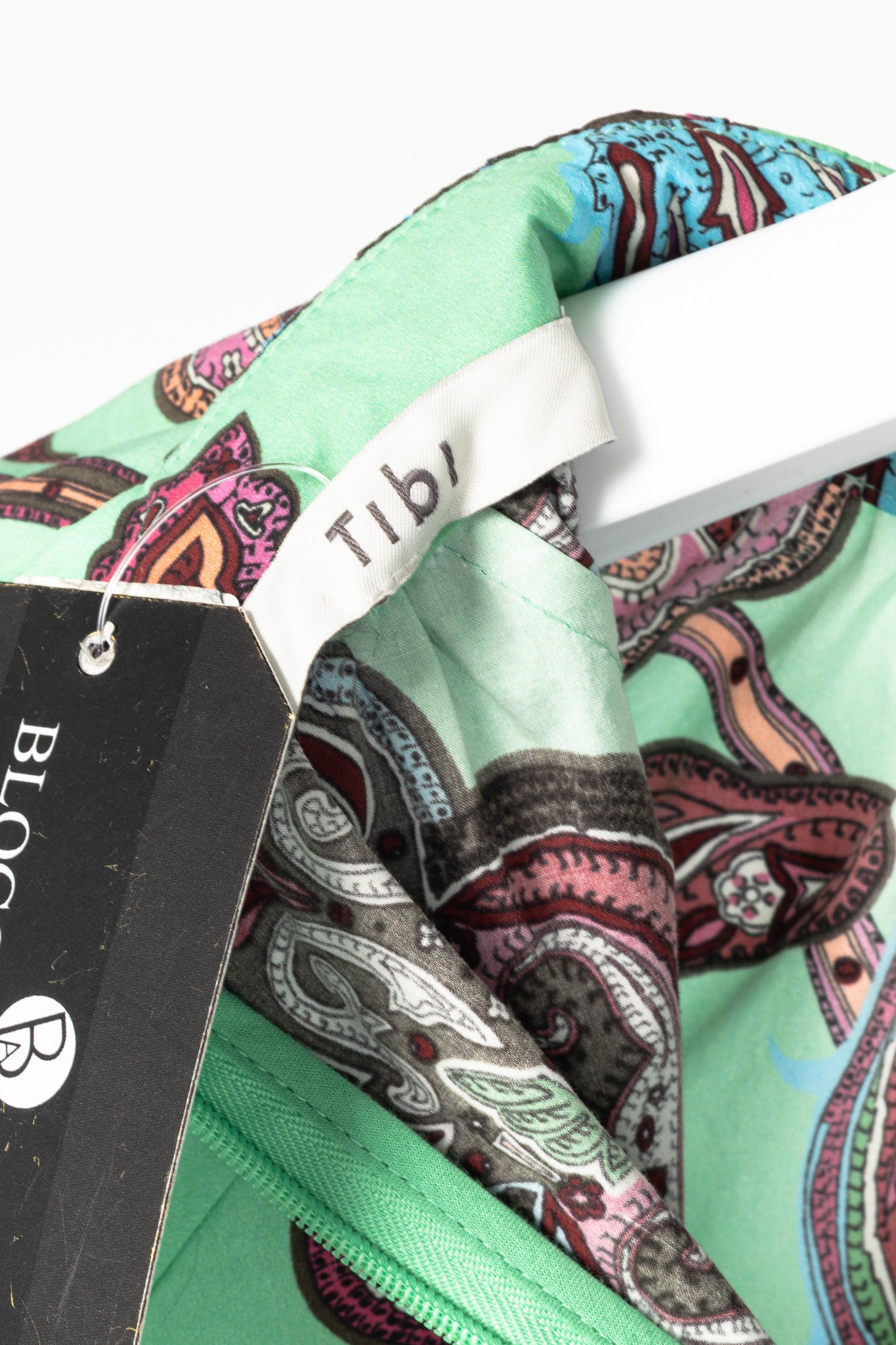 Tibi Mint Multi Paisley Cotton Shirred Neck Top