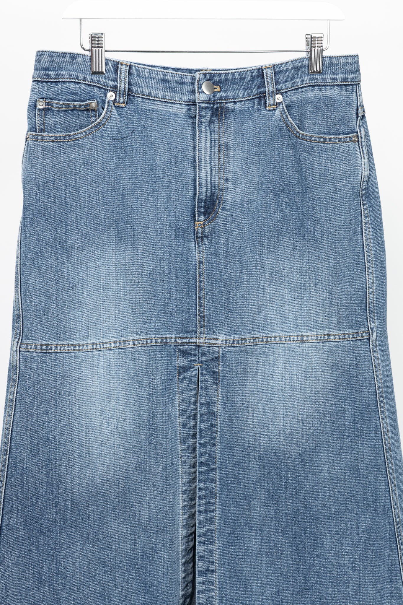 Tibi Classic Blue Wash Denim Midi Skirt