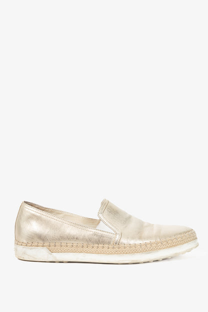 Tod's SS18 Metallic Gold Leather Espadrille Slip-On Sneakers