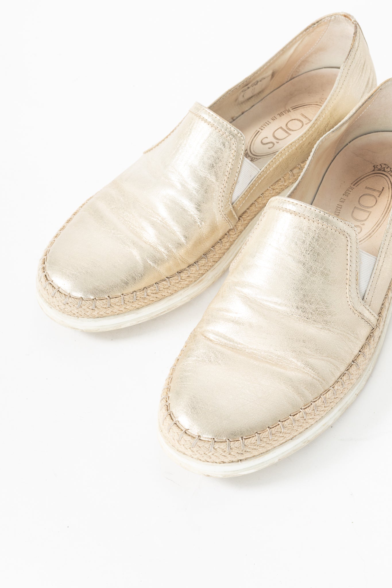 Tod's SS18 Metallic Gold Leather Espadrille Slip-On Sneakers