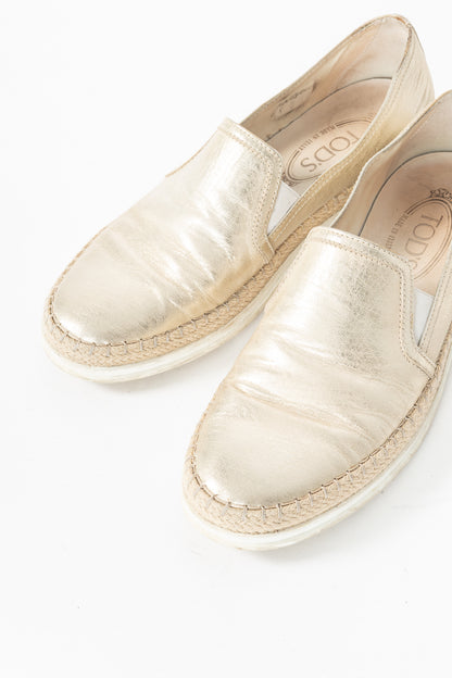 Tod's SS18 Metallic Gold Leather Espadrille Slip-On Sneakers