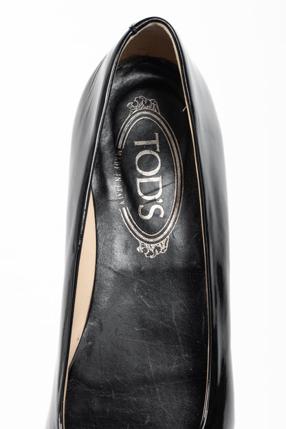 Tod’s Black Patent-Leather Pointed-Toe Penny Loafers