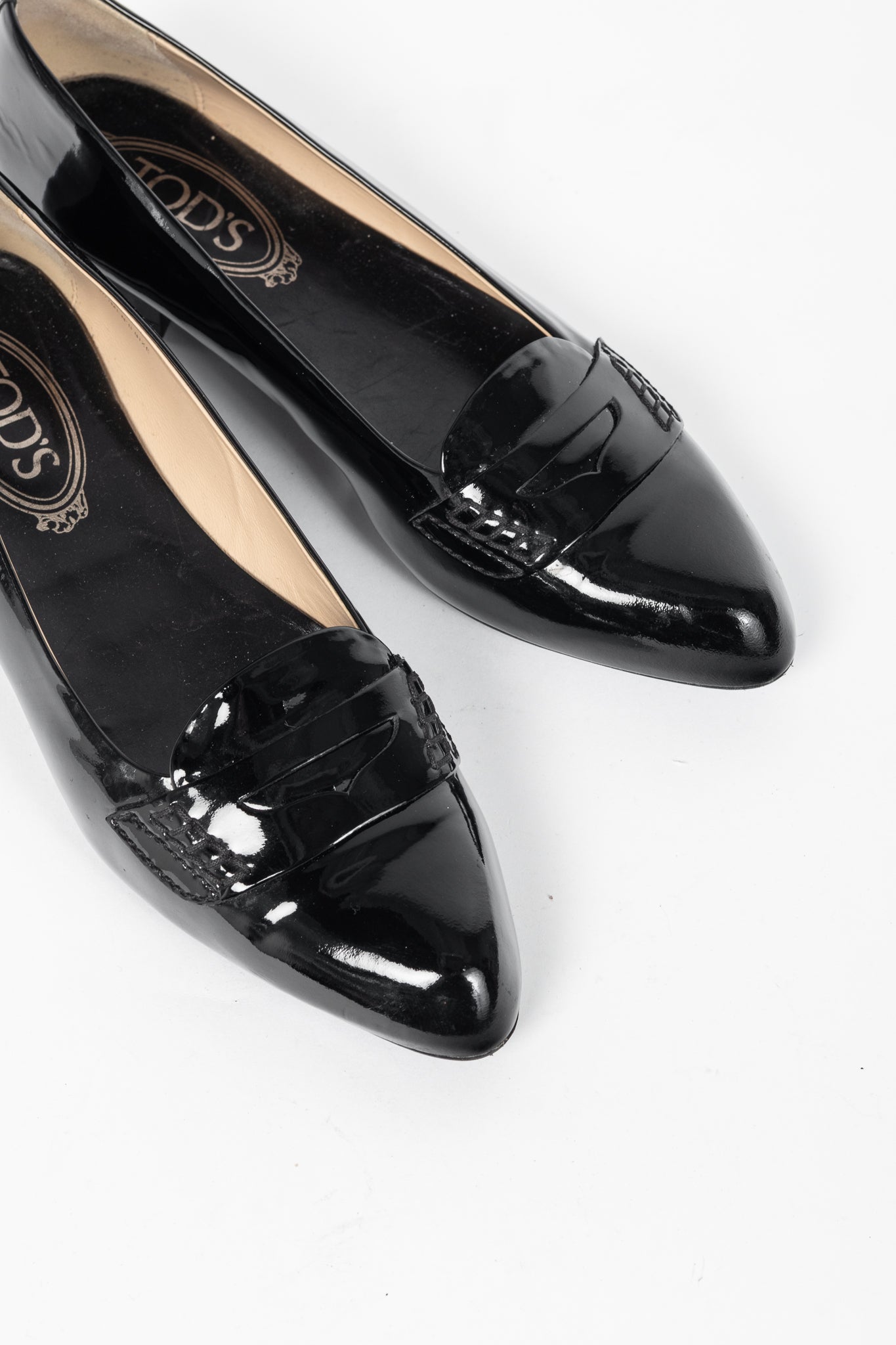Tod’s Black Patent-Leather Pointed-Toe Penny Loafers