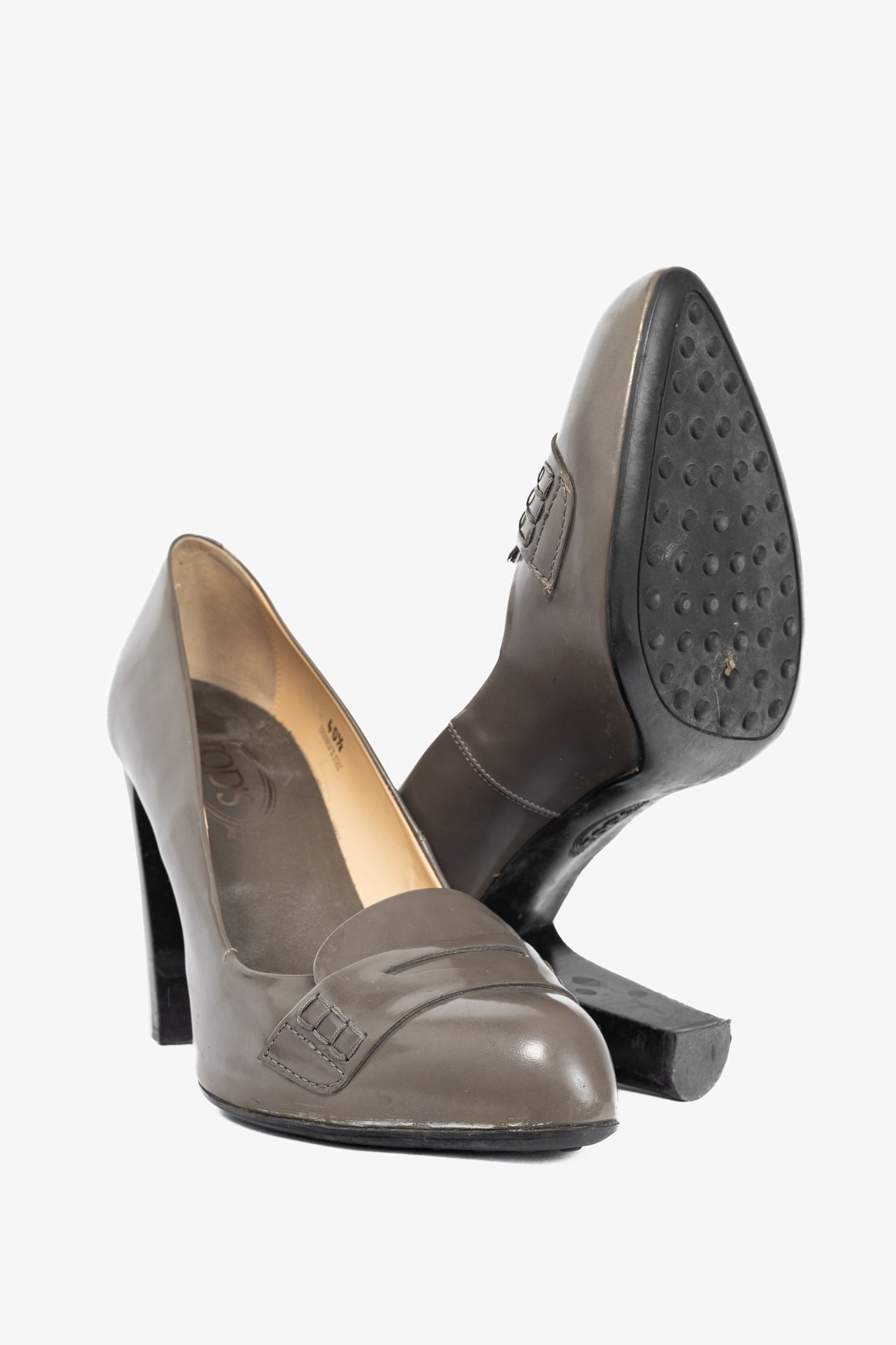 Tod’s Taupe Buffed-Leather Penny-Loafer Pumps