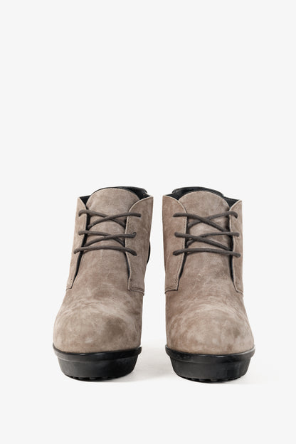 Tod's Taupe Suede Rubber Sole Platform Heel Bootie