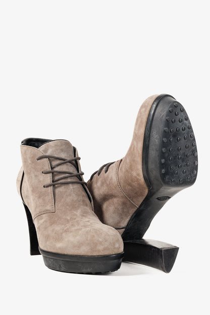 Tod's Taupe Suede Rubber Sole Platform Heel Bootie