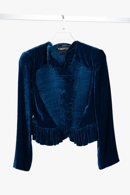 Tom Ford AW11 Blue Velvet Pleated Ruffle Peplum Jacket