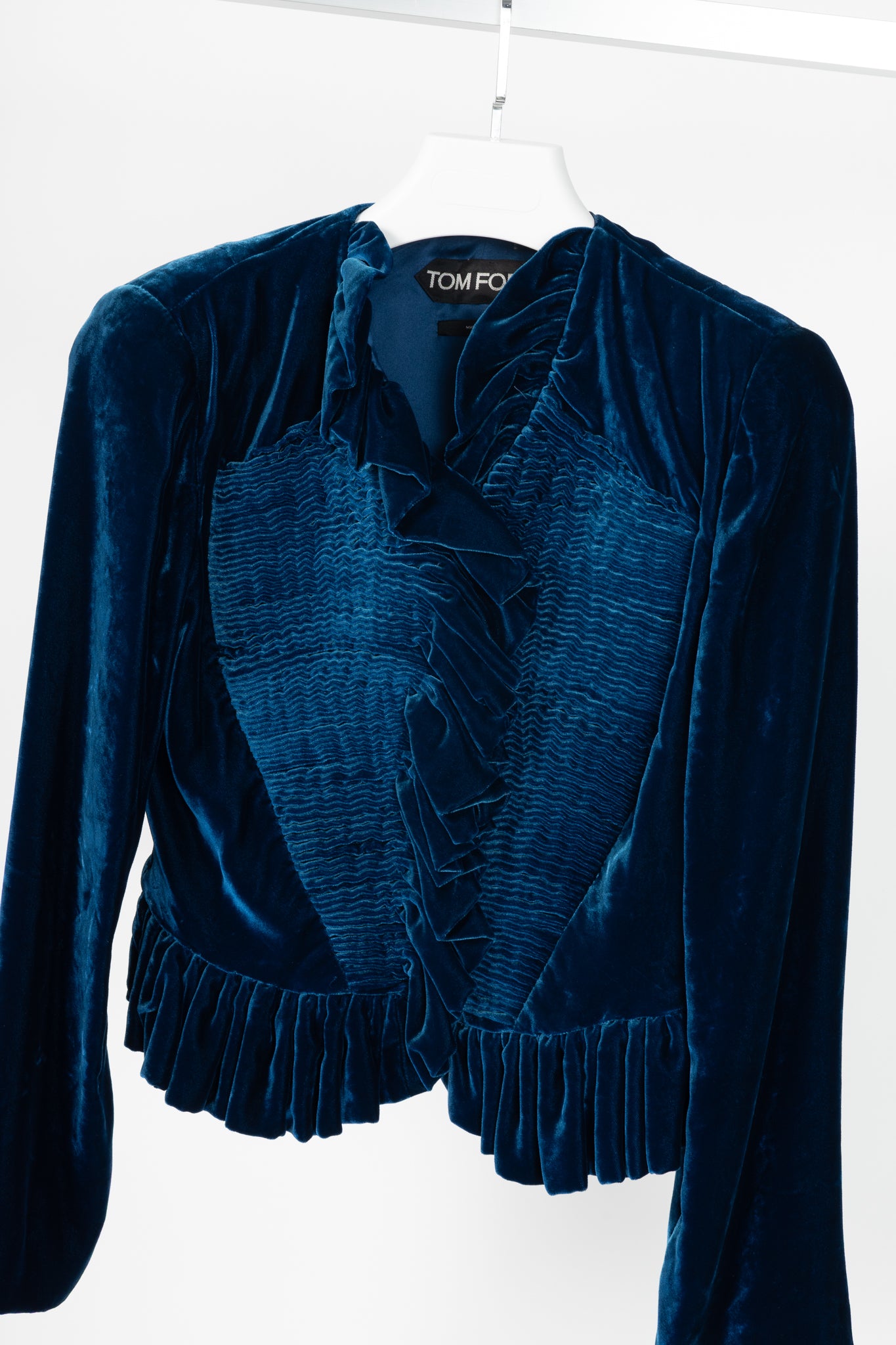 Tom Ford AW11 Blue Velvet Pleated Ruffle Peplum Jacket