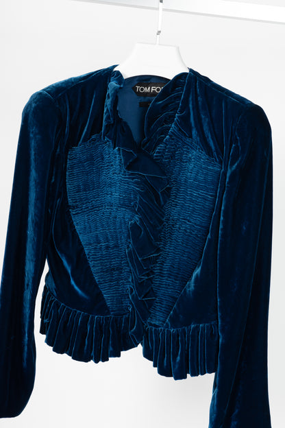 Tom Ford AW11 Blue Velvet Pleated Ruffle Peplum Jacket