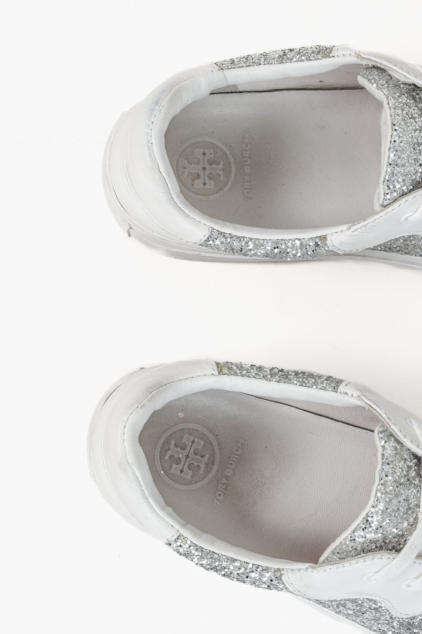 Tory Burch Milo Lace-Up White-Leather Silver-Glitter Sneakers