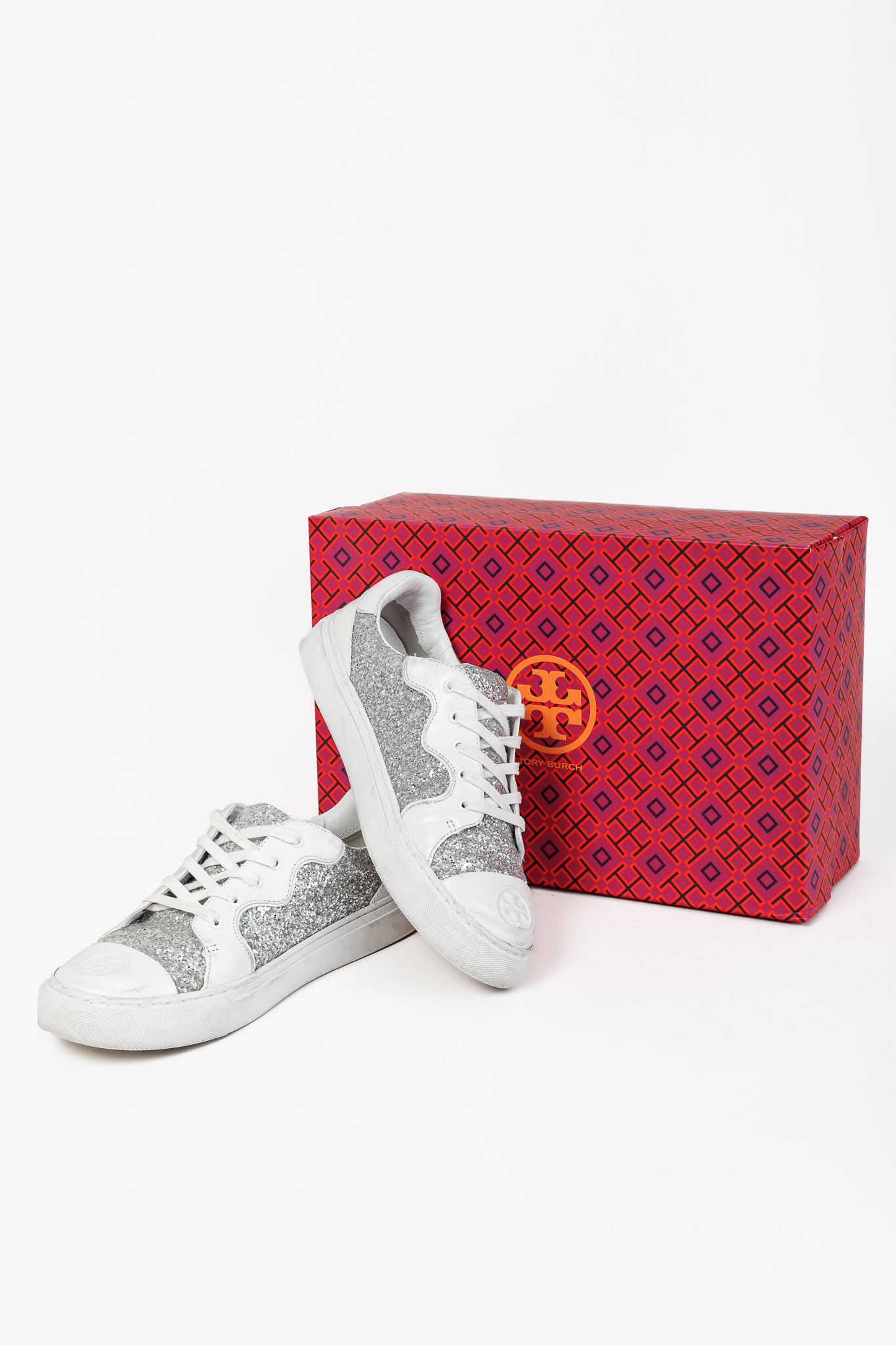 Tory Burch Milo Lace-Up White-Leather Silver-Glitter Sneakers