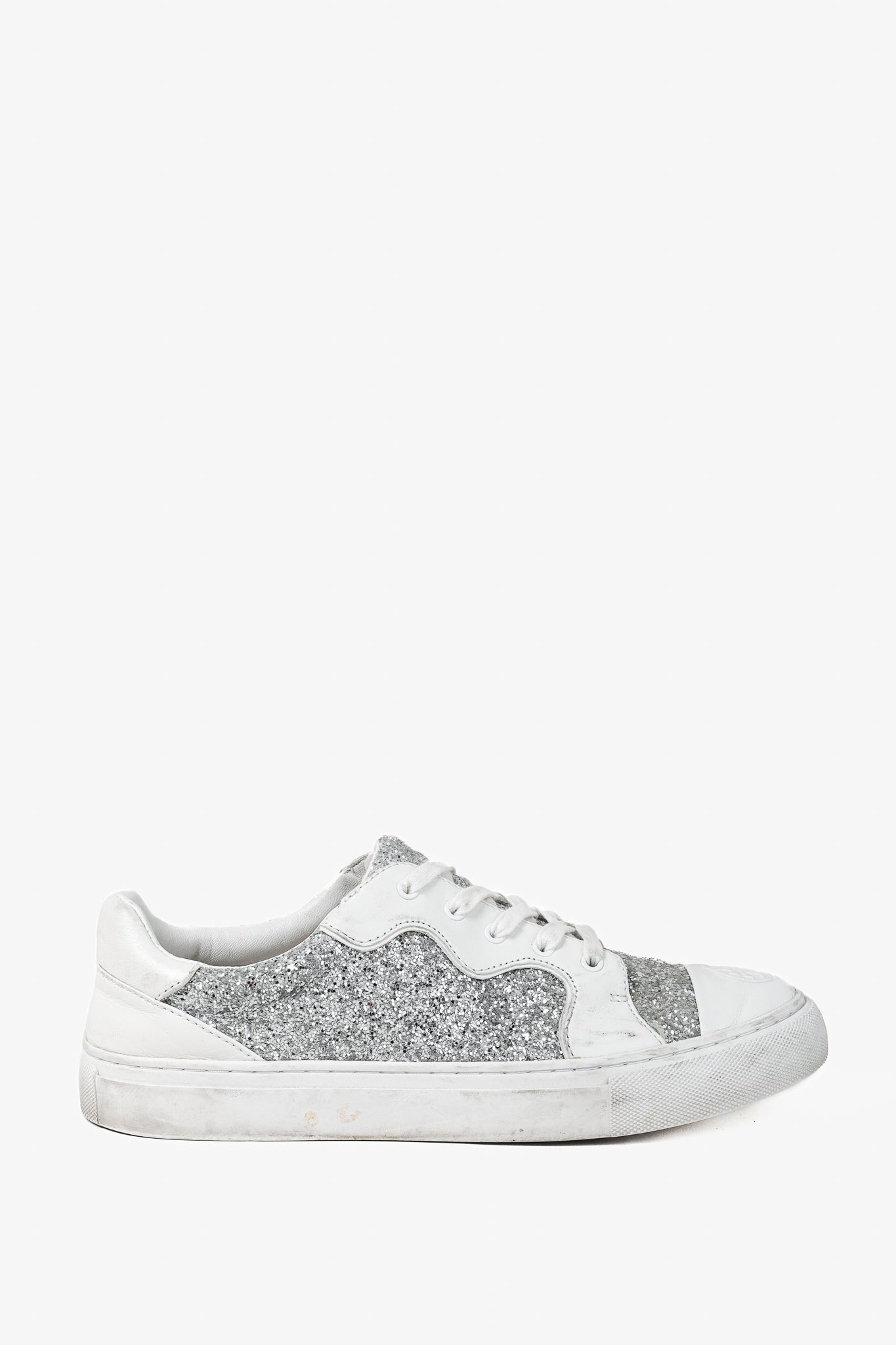 Tory Burch Milo Lace-Up White-Leather Silver-Glitter Sneakers