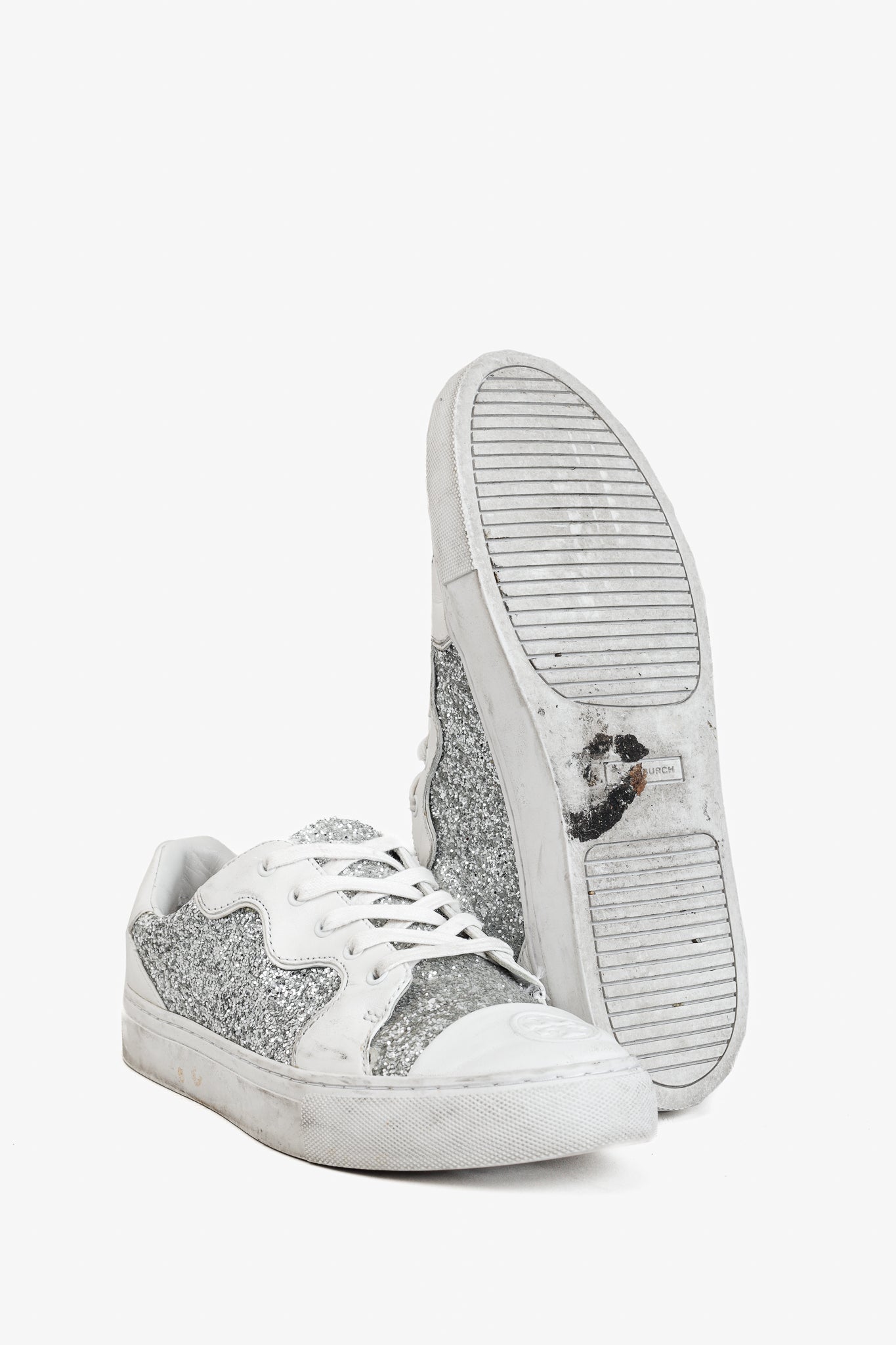 Tory Burch Milo Lace-Up White-Leather Silver-Glitter Sneakers