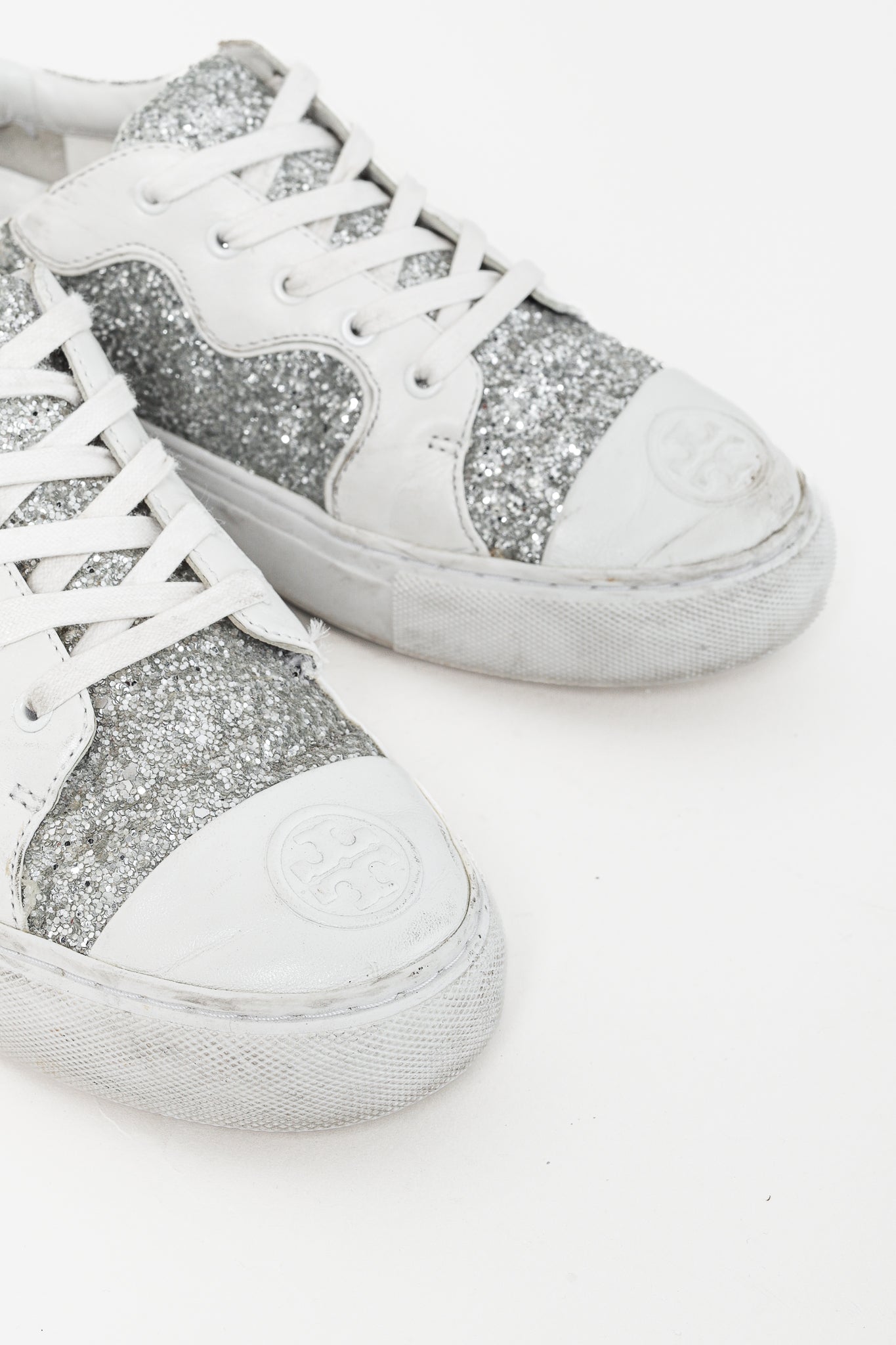 Tory Burch Milo Lace-Up White-Leather Silver-Glitter Sneakers