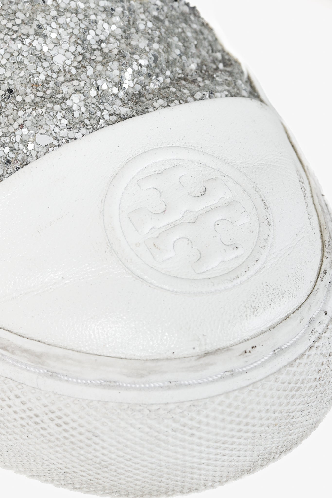 Tory Burch Milo Lace-Up White-Leather Silver-Glitter Sneakers