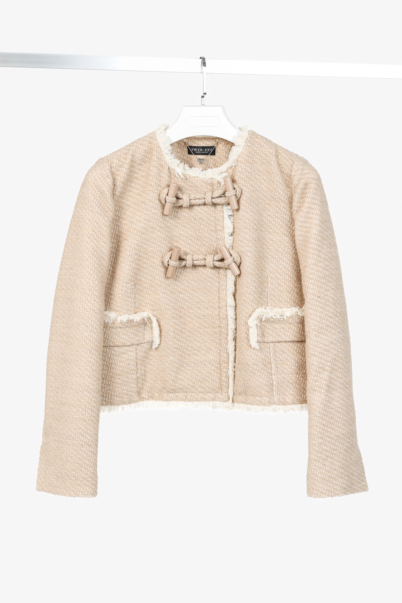 Twinset Taupe Cotton-Blend Tweed Frog-Fastener Jacket