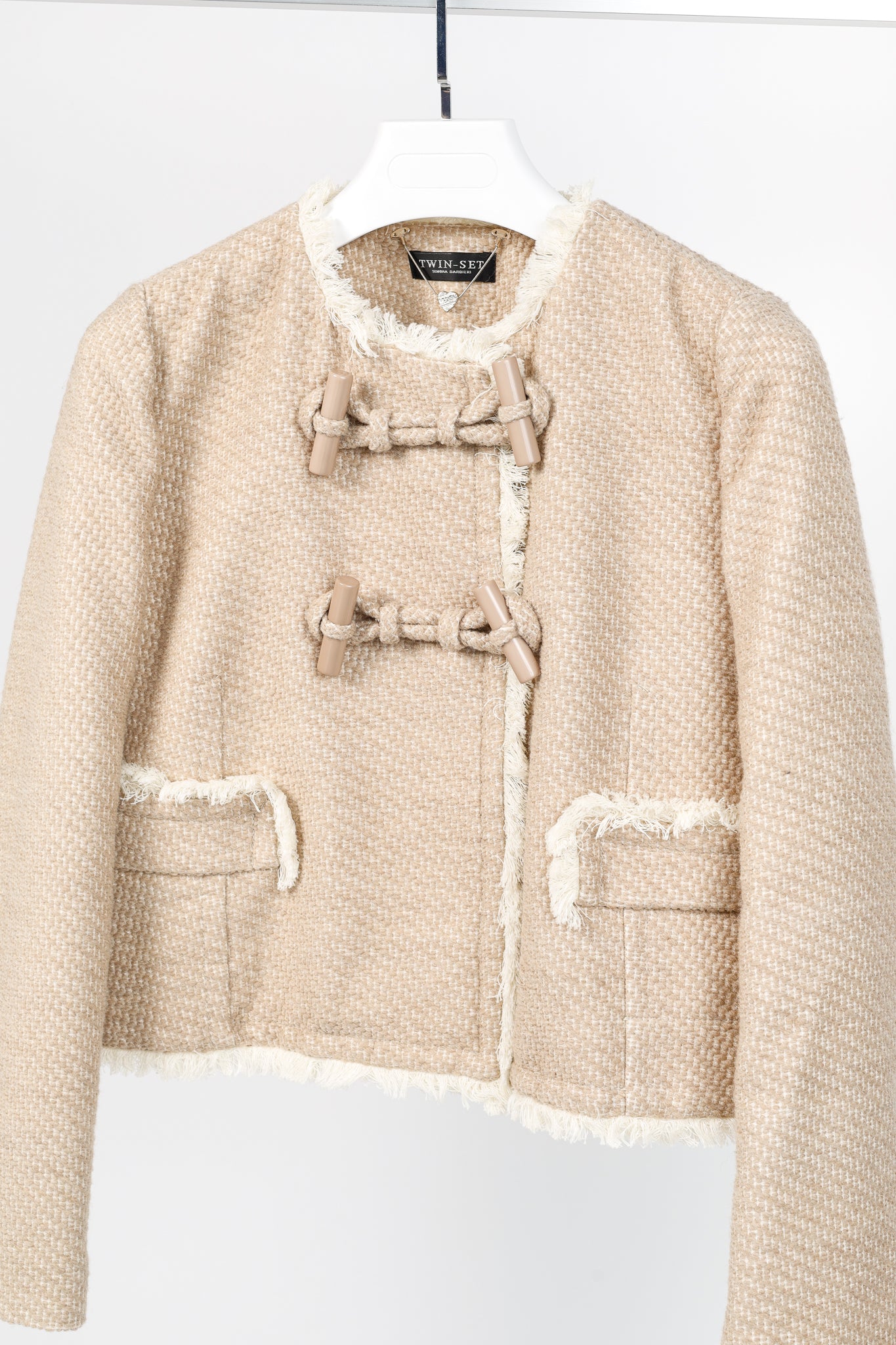 Twinset Taupe Cotton-Blend Tweed Frog-Fastener Jacket