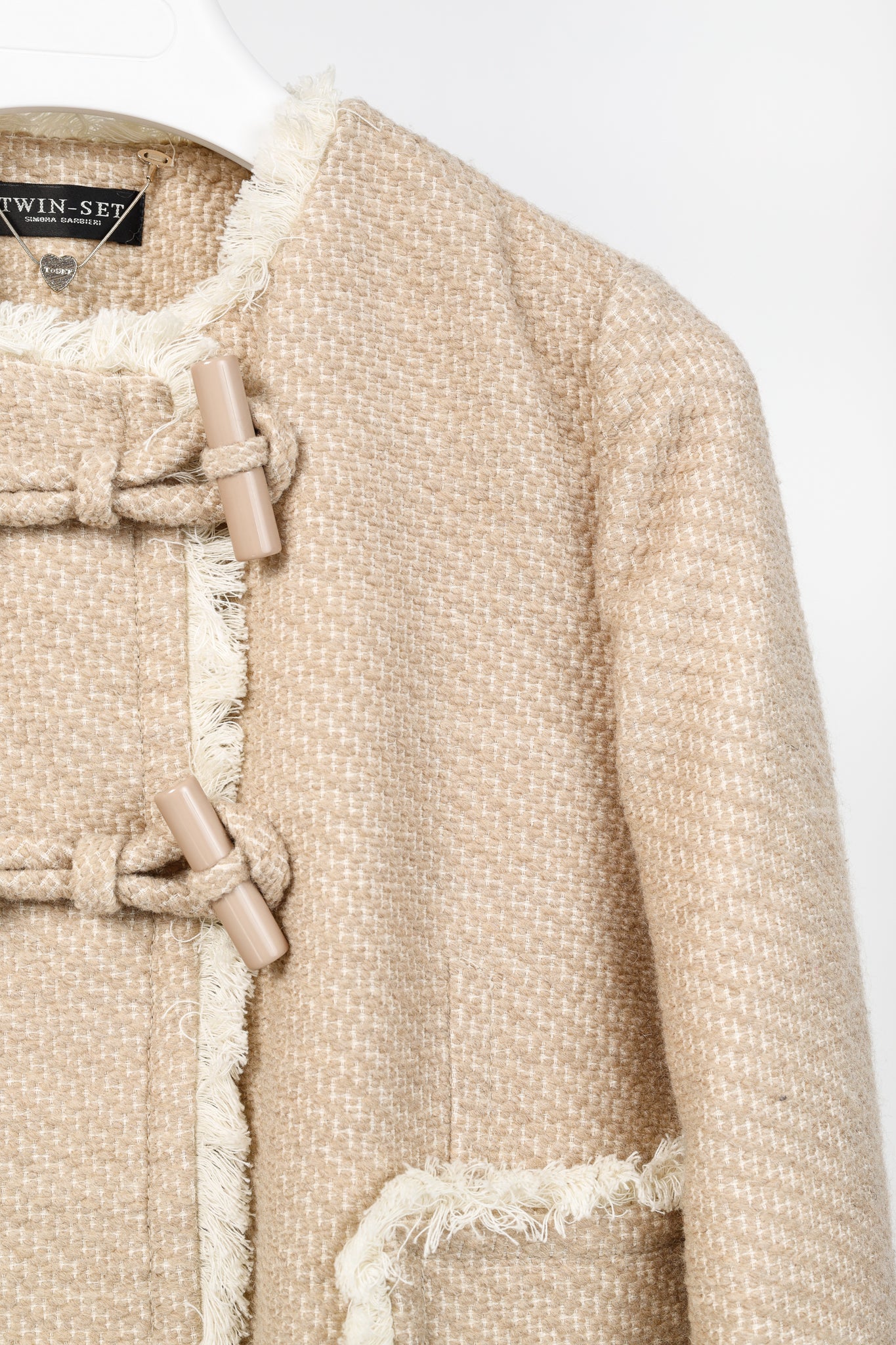Twinset Taupe Cotton-Blend Tweed Frog-Fastener Jacket