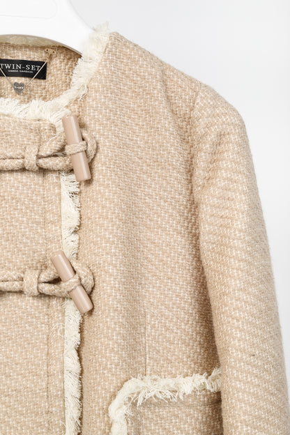 Twinset Taupe Cotton-Blend Tweed Frog-Fastener Jacket