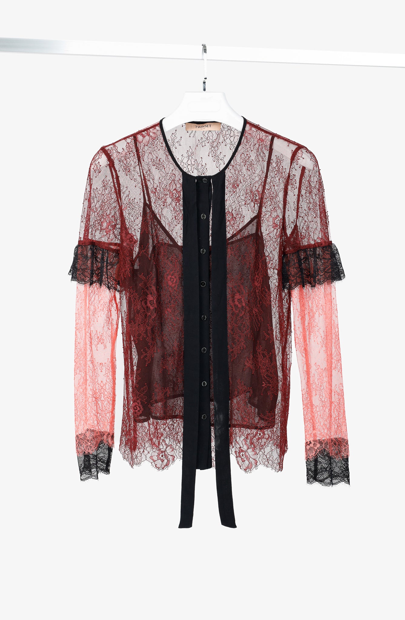 Twinset Burgundy & Pink Lace Ruffle Tie-Neck Blouse