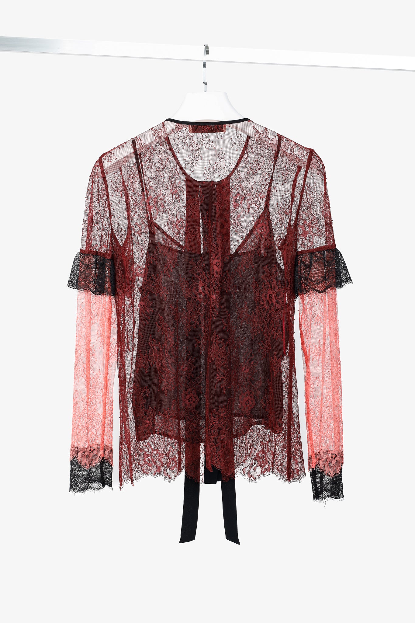 Twinset Burgundy & Pink Lace Ruffle Tie-Neck Blouse